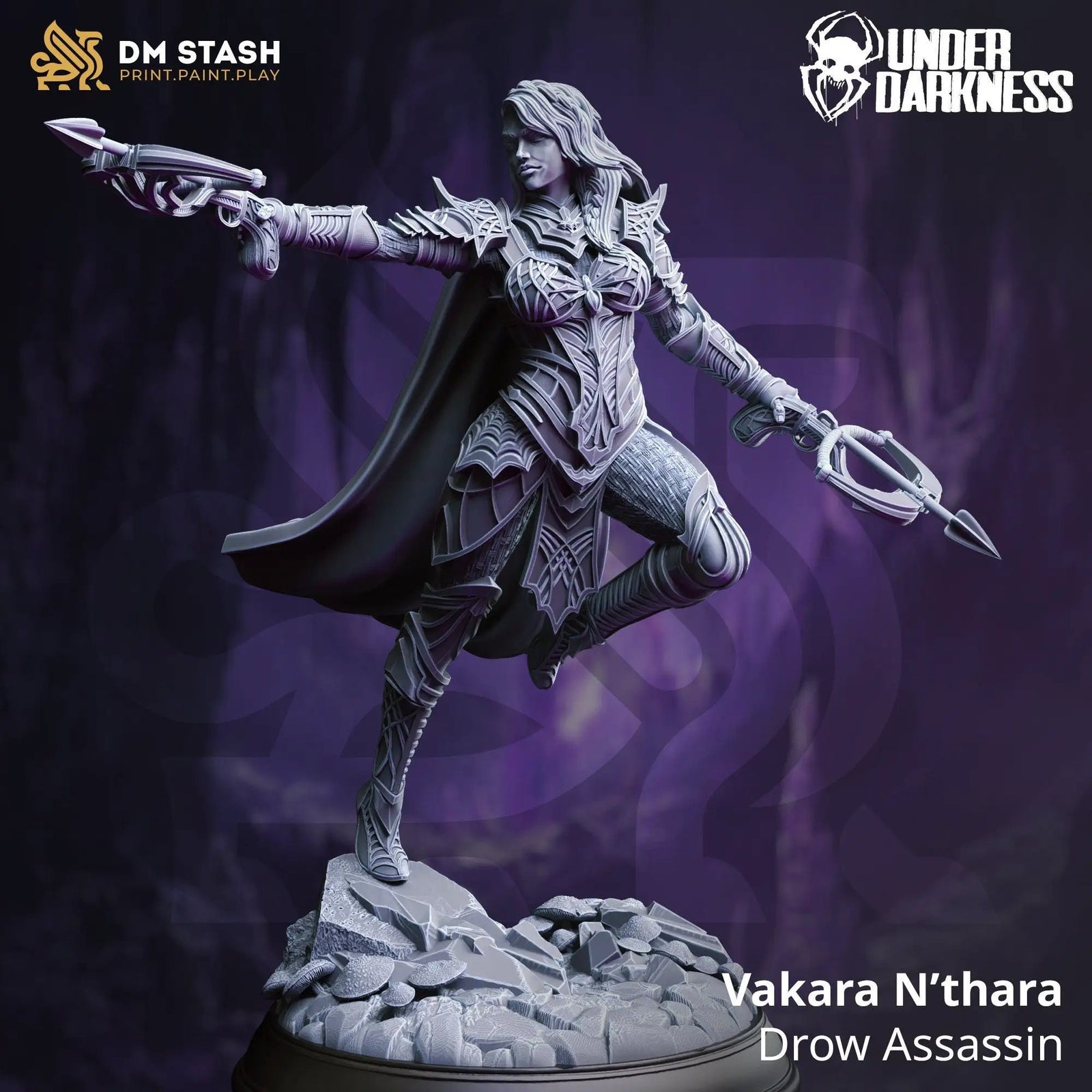 3D printed Drow Assassin model by Last Hope Miniatures, detailed dark elf figure for tabletop gaming or display.
