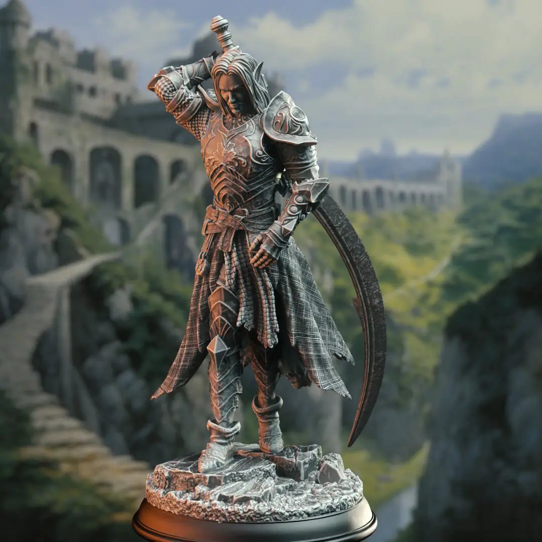 3D printed Drow Moon Paladin model by Last Hope Miniatures for DM Stash, featuring detailed drow armor and mystical moon motifs.