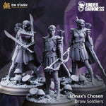 Three 3D printed Drow soldiers model by Last Hope Miniatures, featuring detailed dark elf figures with weapons and armor.