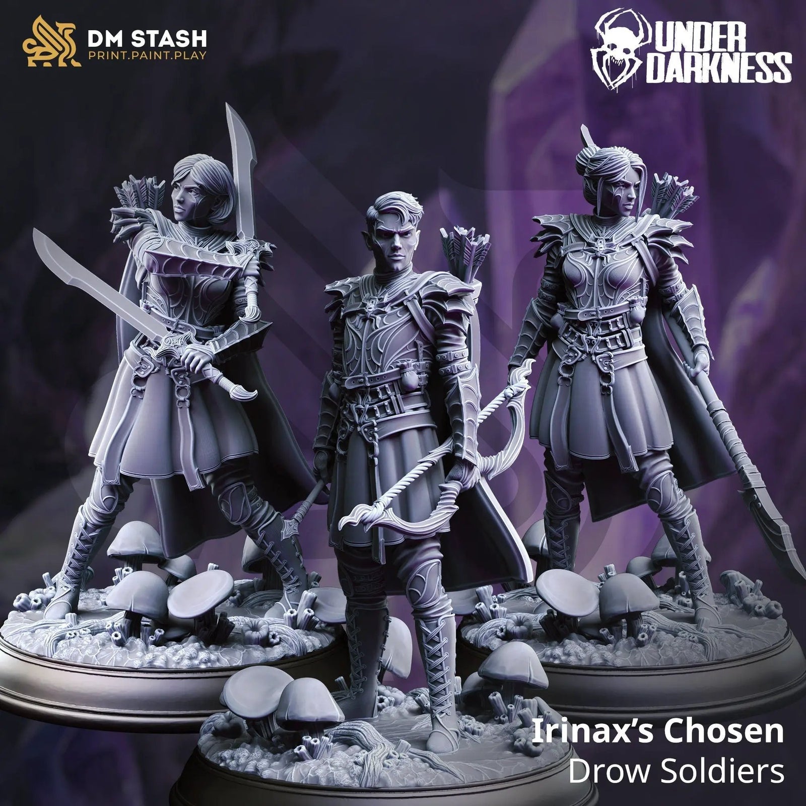 Three 3D printed Drow soldiers model by Last Hope Miniatures, featuring detailed dark elf figures with weapons and armor.