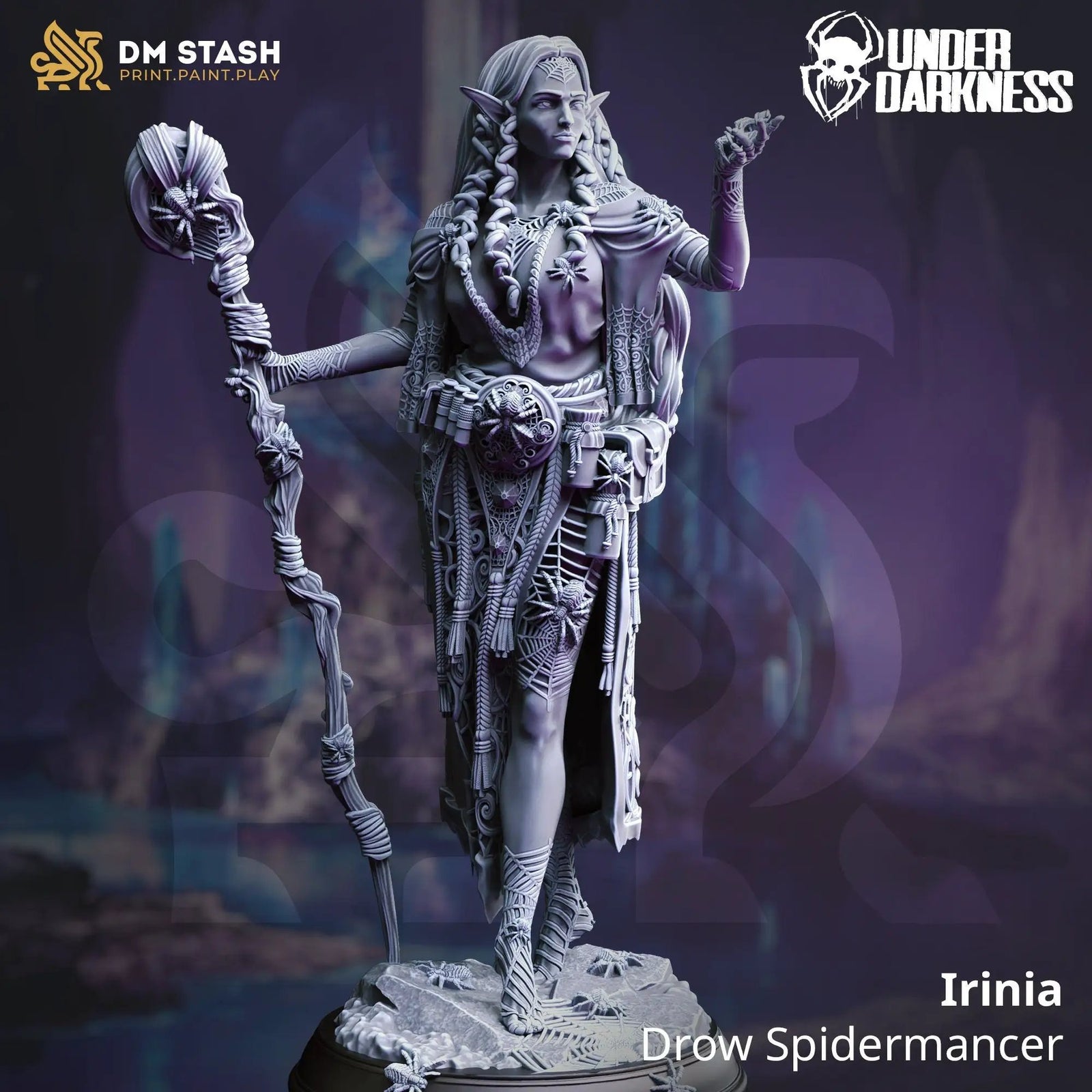 3D printed Drow Spiritmancer miniature by Last Hope Miniatures from DM Stash, detailed model with intricate dark elf features.