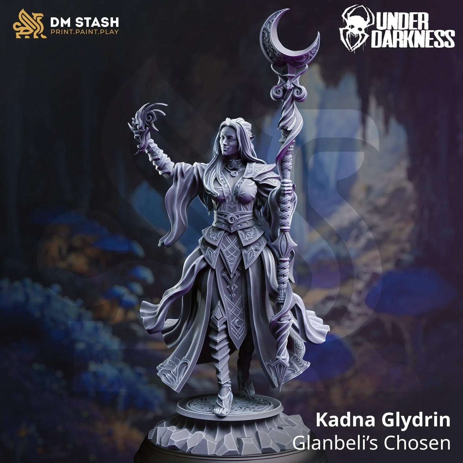 3D printed Drow Wizard model by Last Hope Miniatures, featuring intricate details and dynamic pose for tabletop gaming.