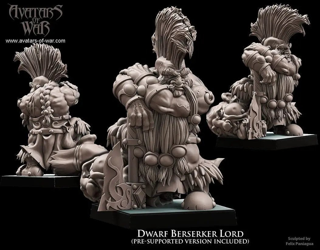 3D printed Dwarf Berserker Lord model by Avatars of War, detailed miniature with armor and fierce stance, from Last Hope Miniatures.