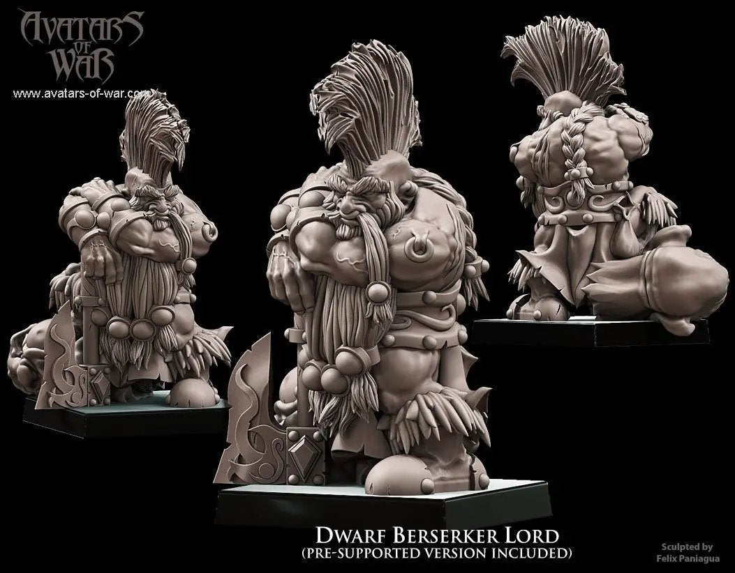 3D printed Dwarf Berserker Lord model by Last Hope Miniatures, detailed figure with armor and fierce pose from Avatars of War.