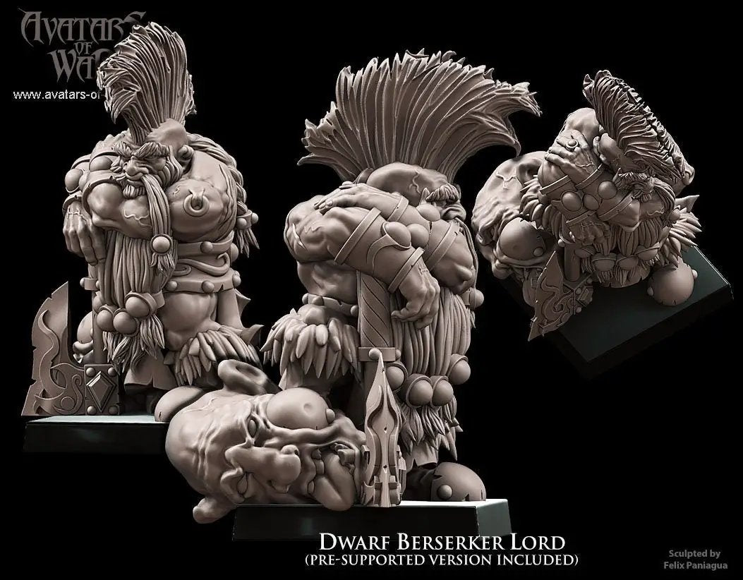 3D printed Dwarf Berserker Lord model by Last Hope Miniatures for Avatars of War, detailed dwarf warrior figure with armor and weaponry.