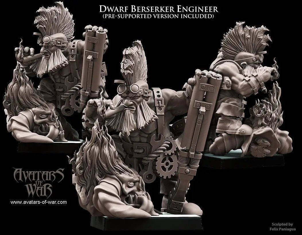 3D printed Dwarf Engineer model by Last Hope Miniatures for Avatars of War, showcasing detailed dwarf figure with engineering tools.