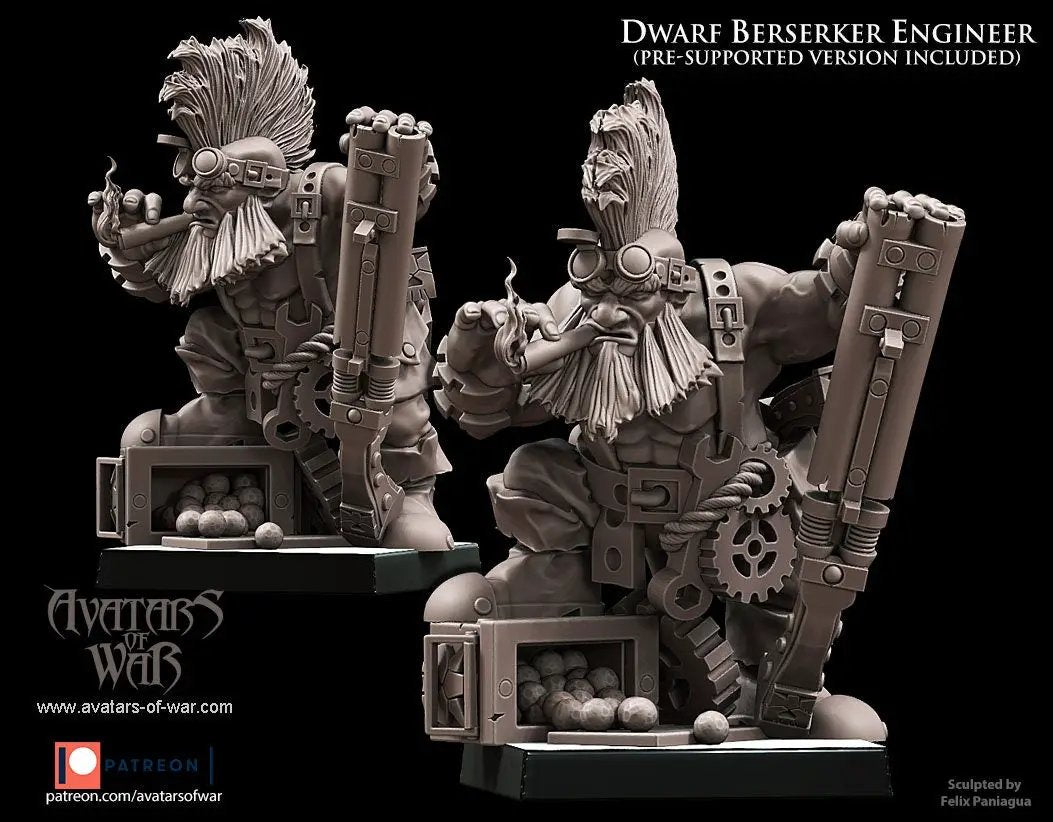 3D printed Dwarf Engineer model by Avatars of War, detailed miniature figure from Last Hope Miniatures collection.