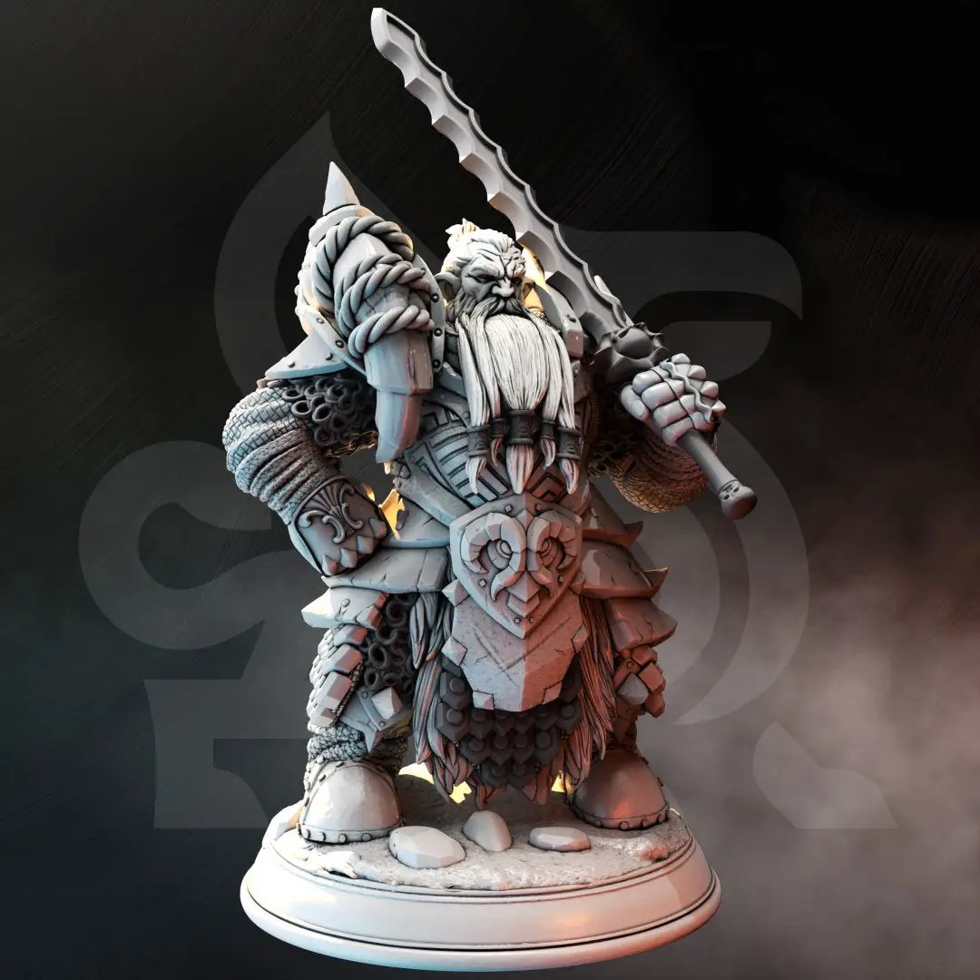 3D printed dwarf paladin hunter model by Last Hope Miniatures, featuring detailed armor and weaponry, from DM Stash.