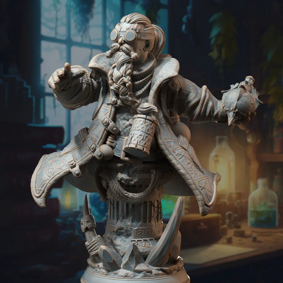 3D printed Dwarven Alchemist model by Last Hope Miniatures, detailed dwarf figure with alchemy tools and potion bottles.