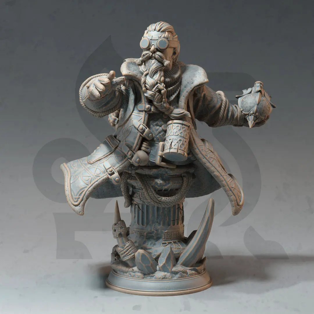 3D printed Dwarven Alchemist model by Last Hope Miniatures, detailed miniature figure with alchemy tools and dwarf features.