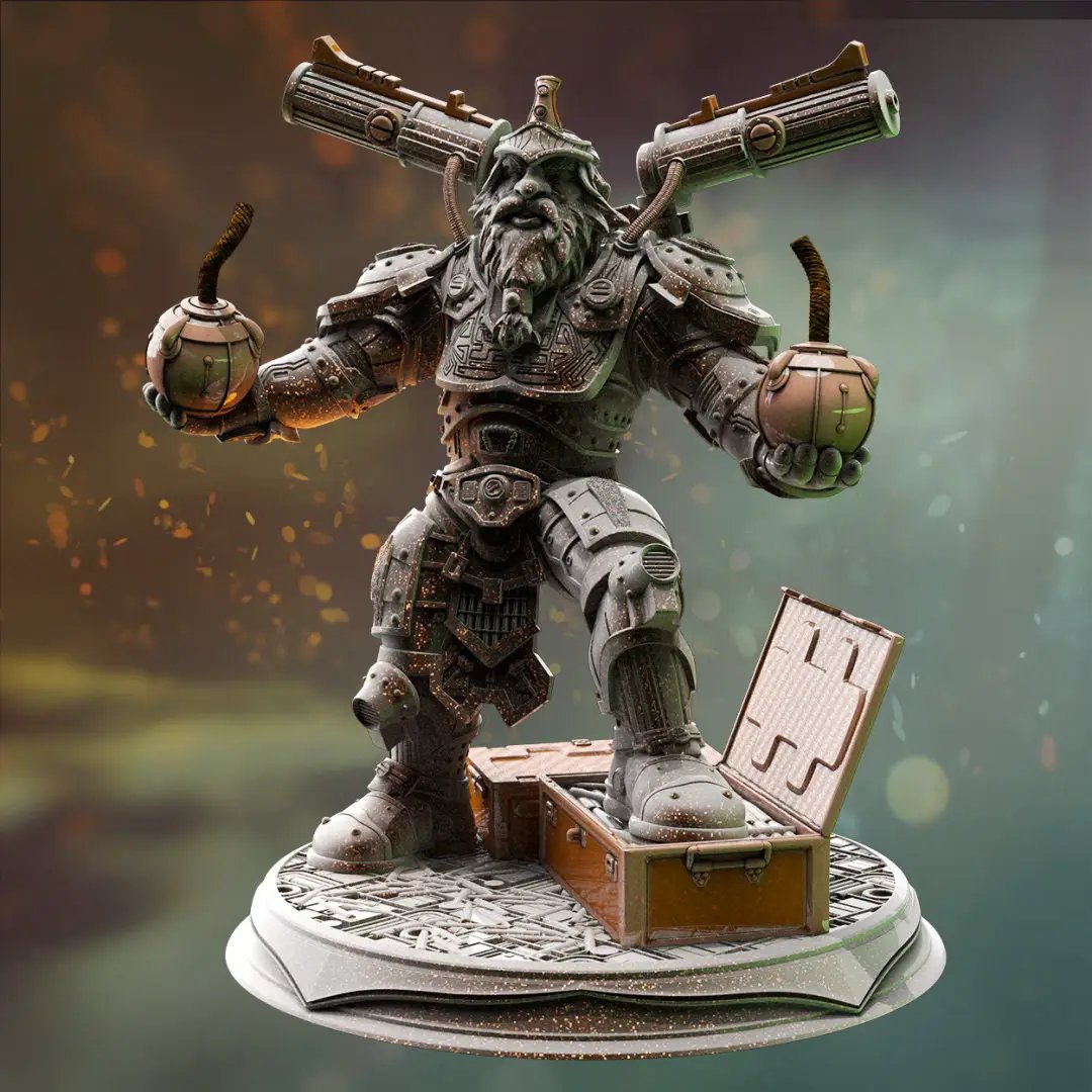 3D printed Dwarven Grenadier model by Last Hope Miniatures, showing detailed dwarf soldier with armor and weaponry.