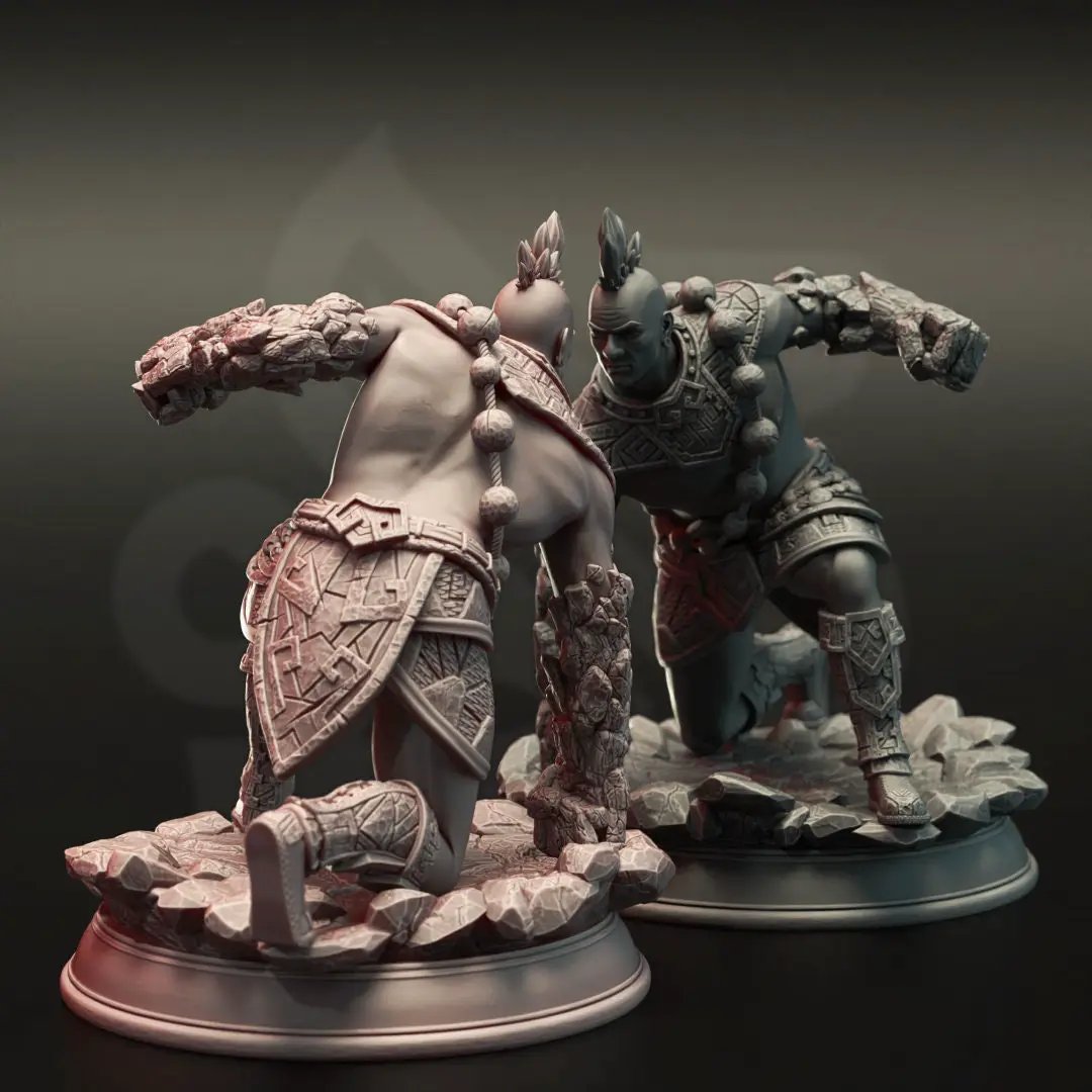 3D printed Earth Genasi Brawler model by Last Hope Miniatures, showcasing a detailed fantasy figure with earthy textures and armor.