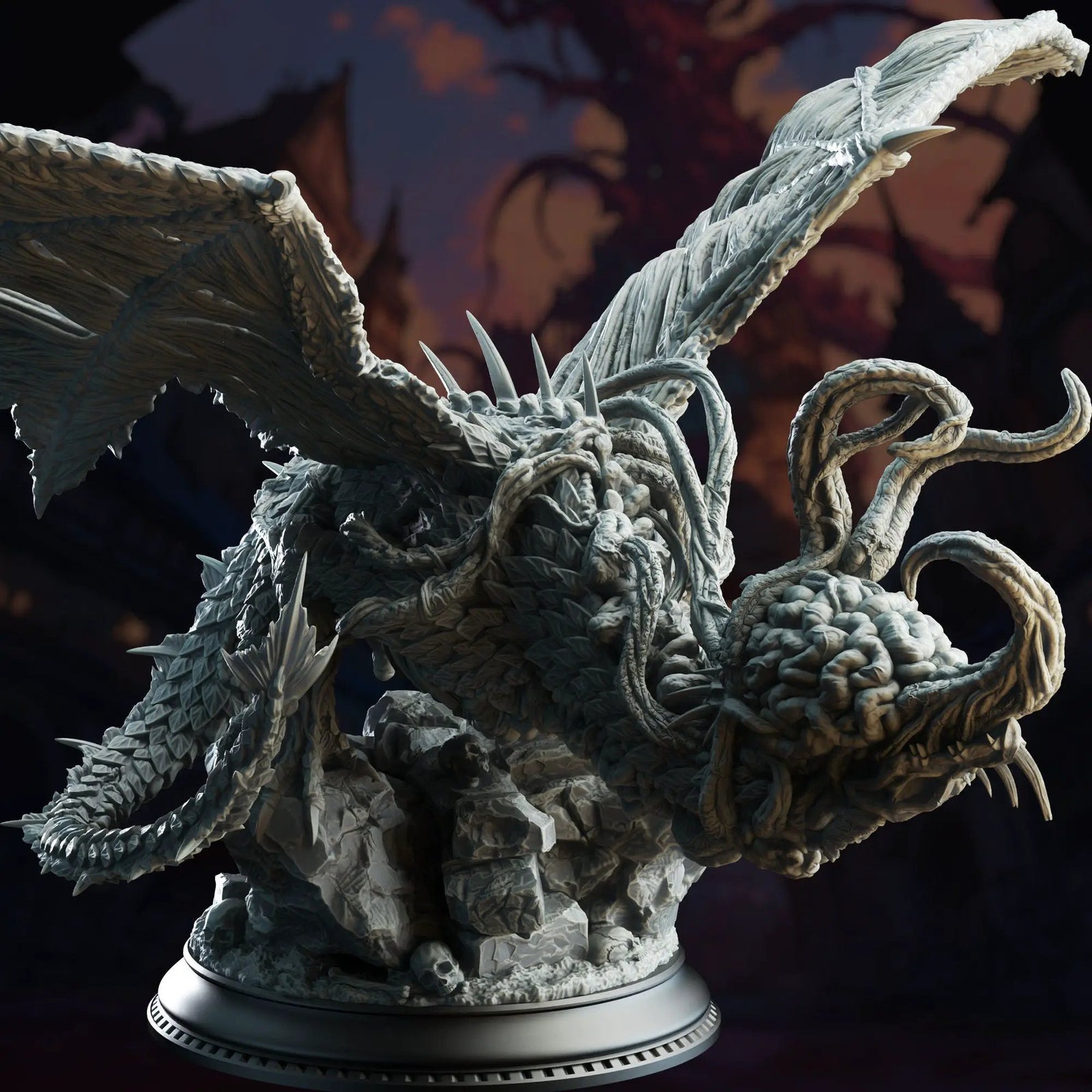 3D printed Eldritch Flayed Dragon model by Last Hope Miniatures, detailed dark fantasy creature with torn flesh and menacing features.