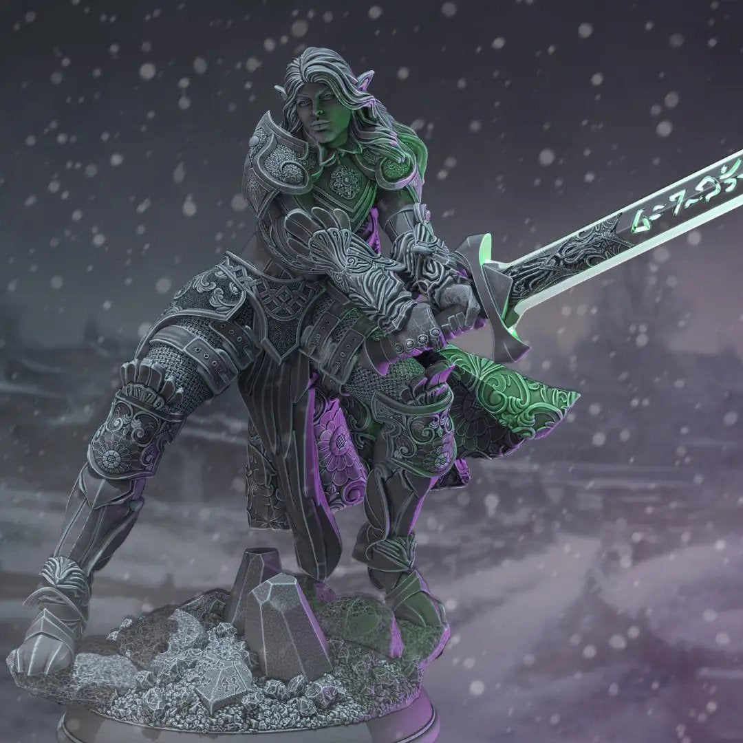 3D printed Elf Paladin model by Last Hope Miniatures, featuring intricate armor and a heroic pose from DM Stash.