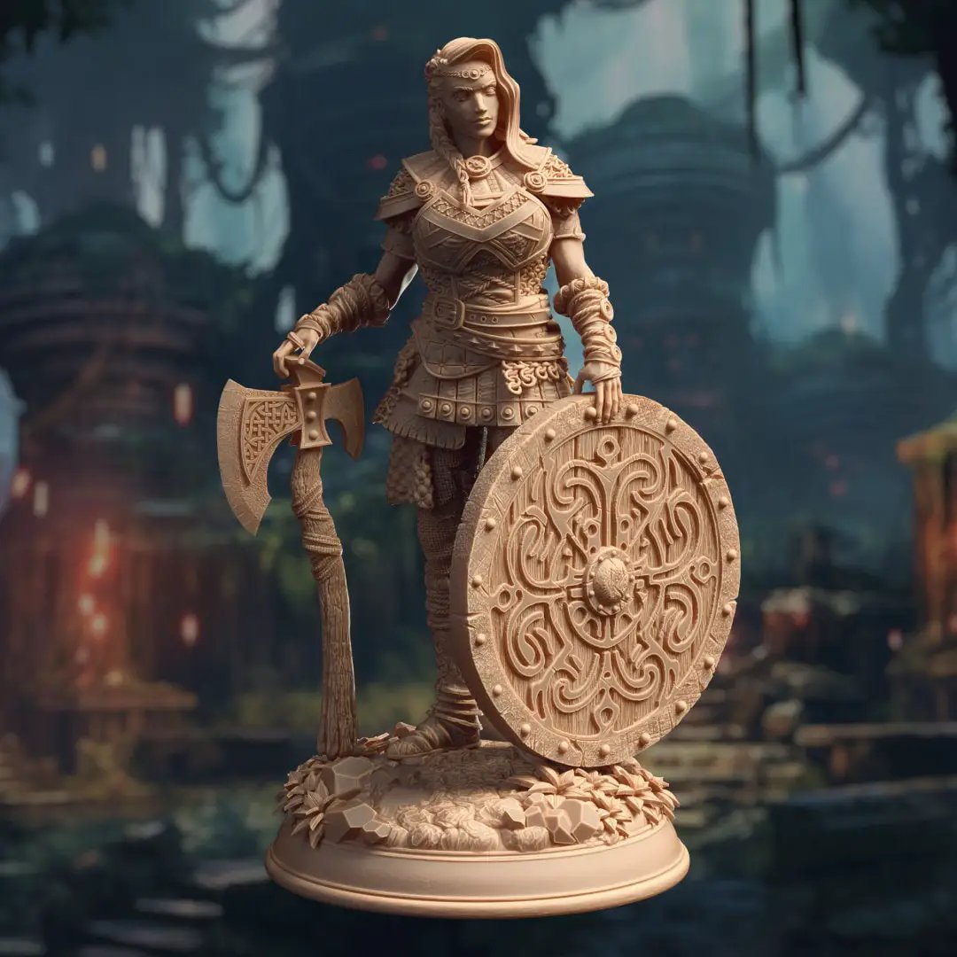 3D printed Elite Shieldmaiden model by Last Hope Miniatures, featuring detailed armor and shield in a dynamic pose.