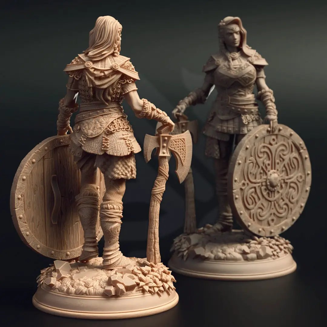 3D printed Elite Shieldmaiden model by Last Hope Miniatures, detailed fantasy figure with armor and shield, designed for tabletop gaming.
