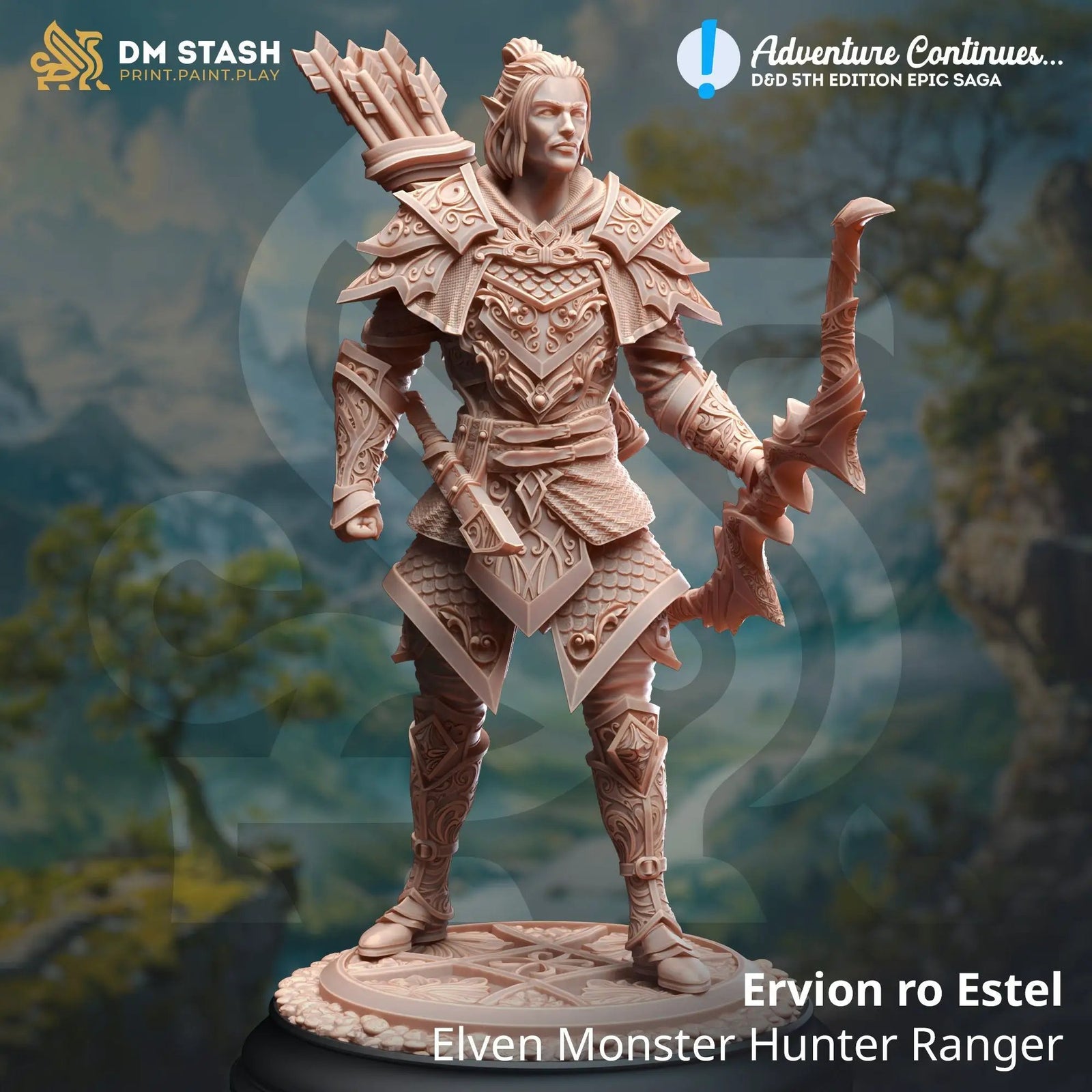 3D printed Elven Ranger model by Last Hope Miniatures, detailed fantasy figure with bow and armor from DM Stash collection.