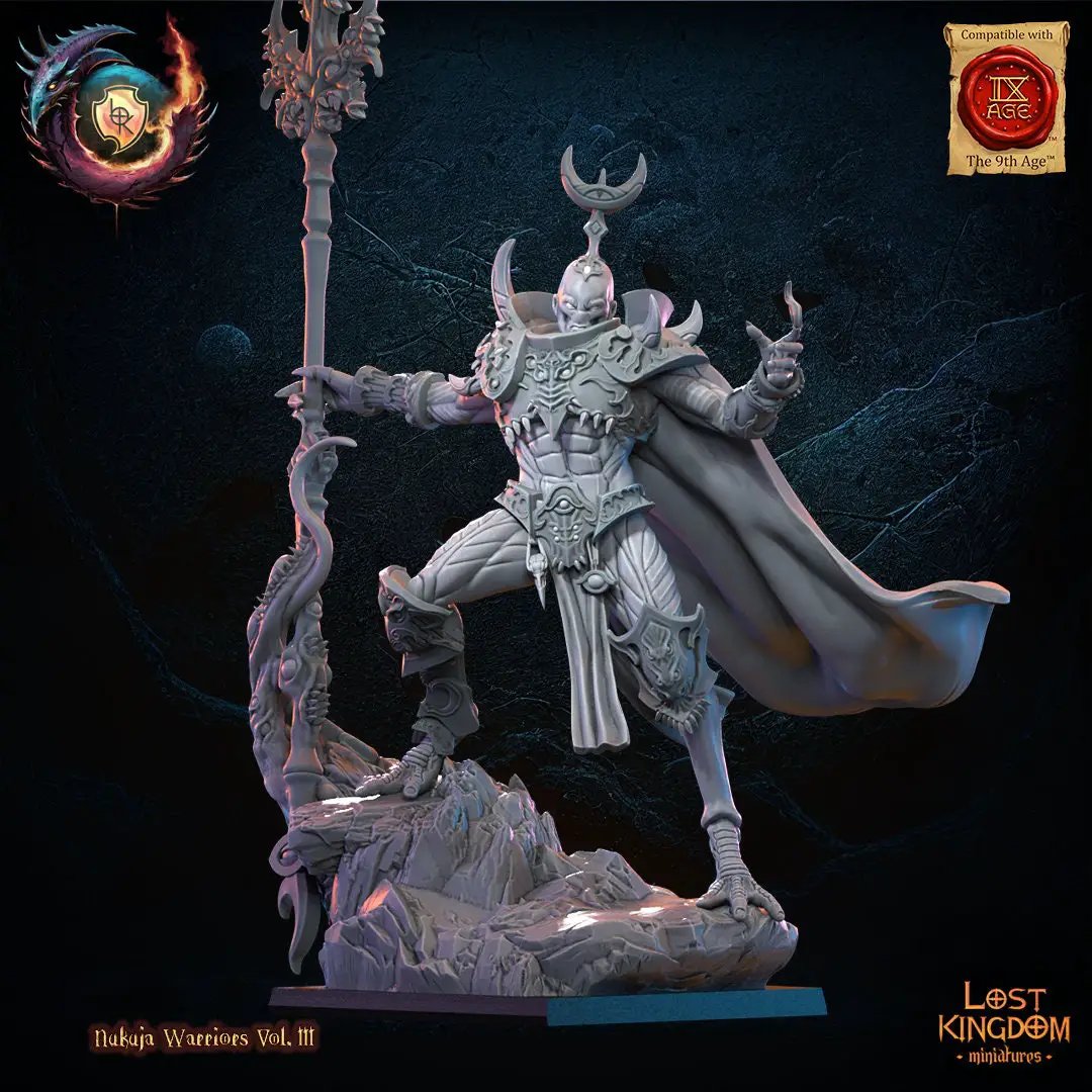 3D printed Exalted Herald model by Lost Kingdom Miniatures, displayed on a stand with detailed armor and intricate design.