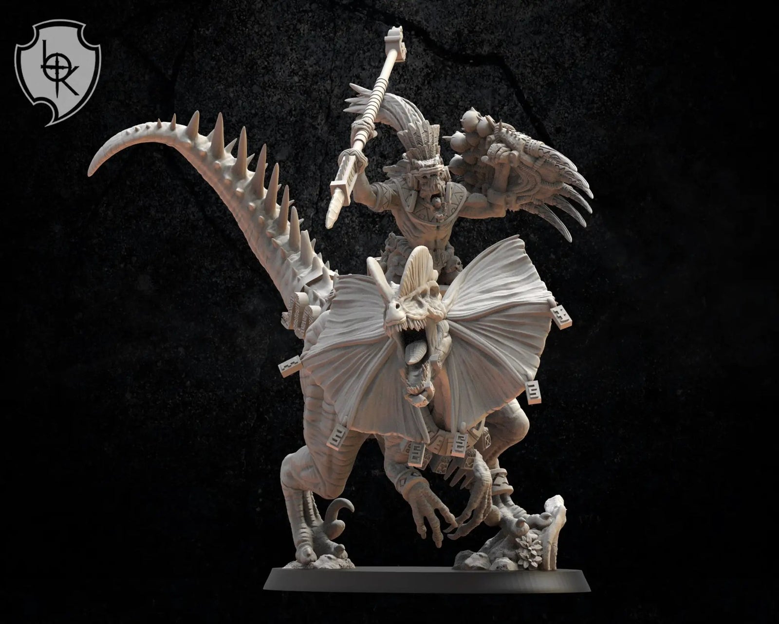 3D printed Ezocamtl general model on Dilophosaurus by Lost Kingdom Miniatures, detailed prehistoric creature figure by Last Hope Miniatures