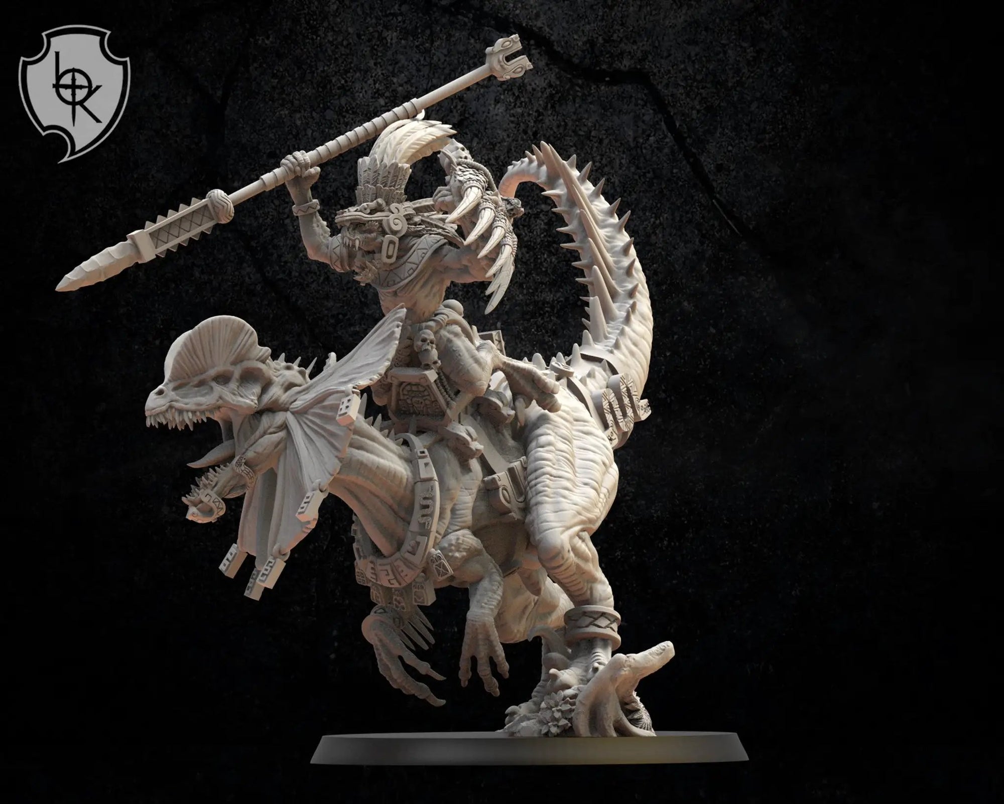 3D printed Ezocamtl general model on Dilophosaurus by Lost Kingdom Miniatures for Last Hope Miniatures.