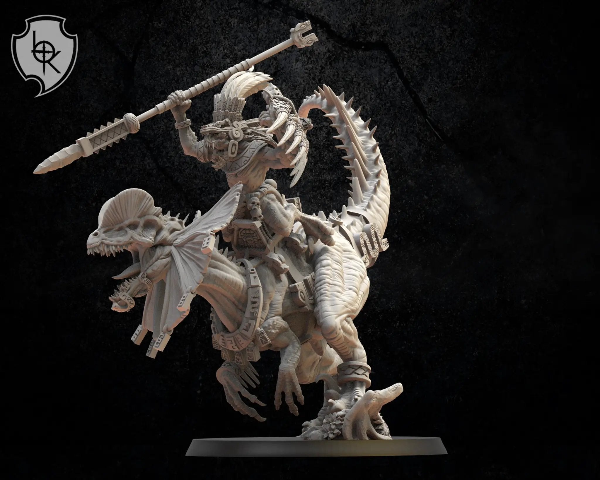 3D printed Ezocamtl general model on Dilophosaurus by Lost Kingdom Miniatures for Last Hope Miniatures.