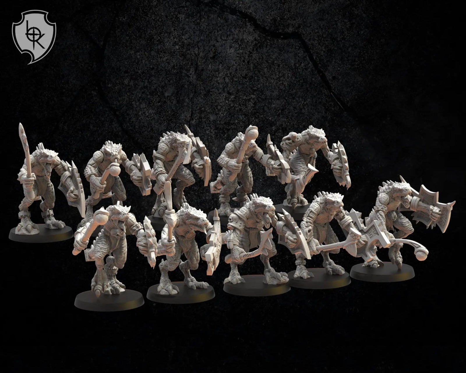 10 3D-printed Ezocamtl Warrior Unit models by Lost Kingdom Miniatures, detailed fantasy miniatures on a plain background.