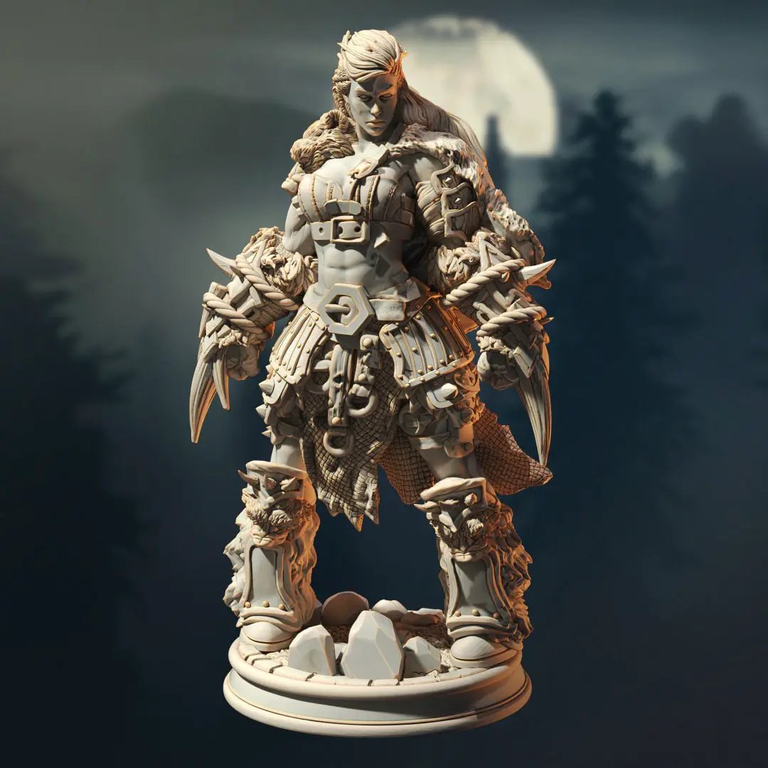 3D printed female barbarian berserker model by Last Hope Miniatures, featuring detailed armor and fierce stance.