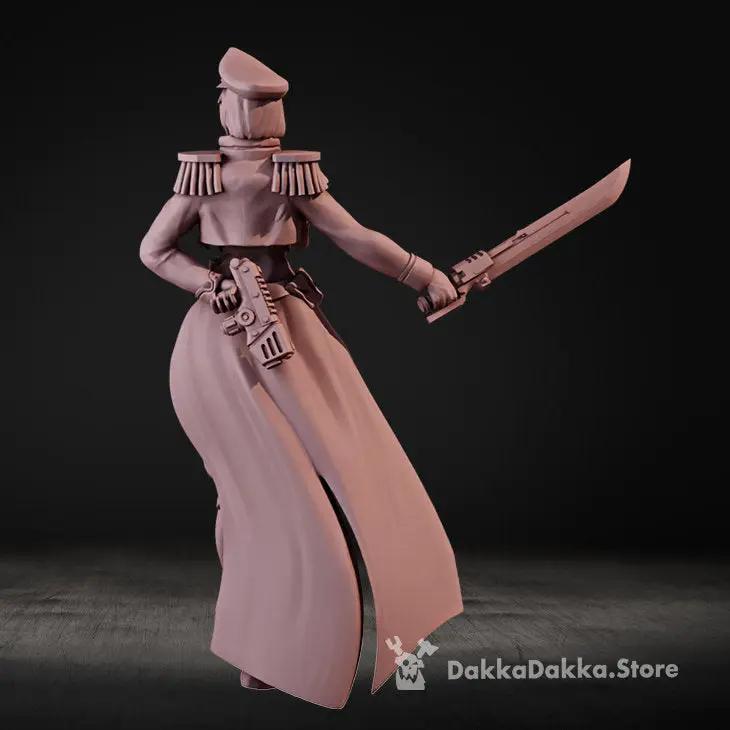 3D printed female Commissar model by Last Hope Miniatures, detailed figure with military uniform and weapon, from DakkaDakka.