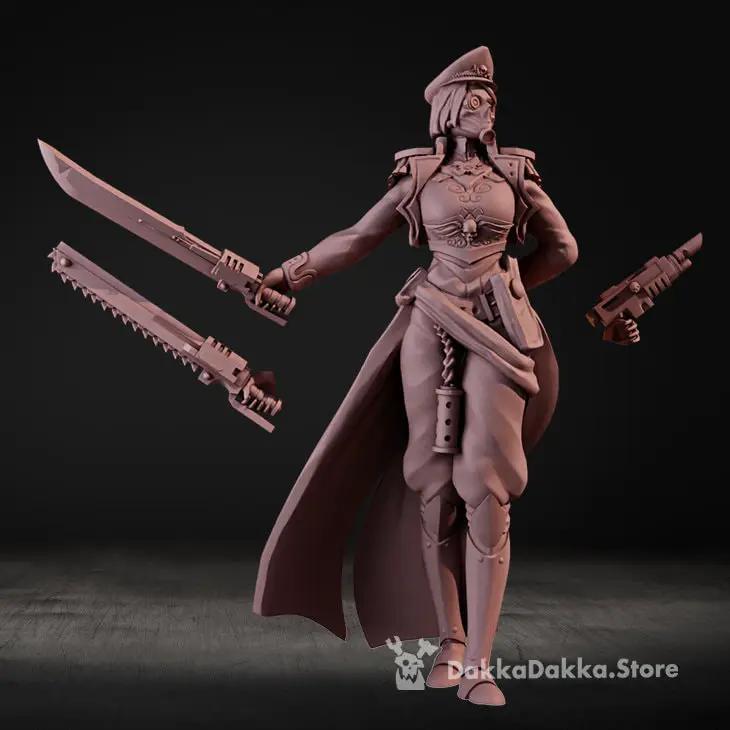 3D printed female Commissar model by Last Hope Miniatures, detailed figure with military uniform and weaponry, from DakkaDakka.