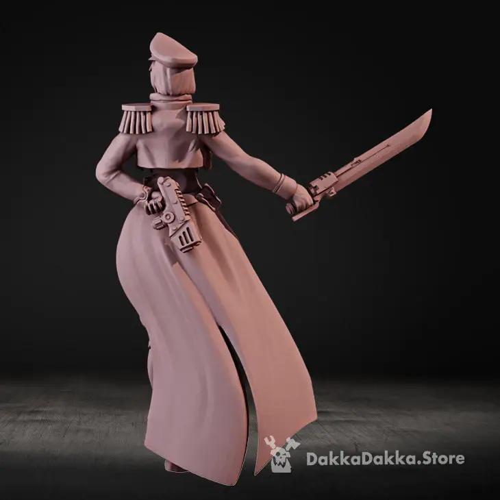 3D printed female Commissar model by Last Hope Miniatures, detailed figure with military uniform and weapon, from DakkaDakka Miniatures.