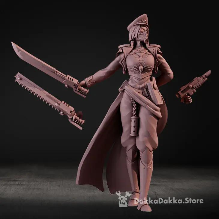 3D printed Female Commissar model by DakkaDakka Miniatures, detailed miniature figure from Last Hope Miniatures.