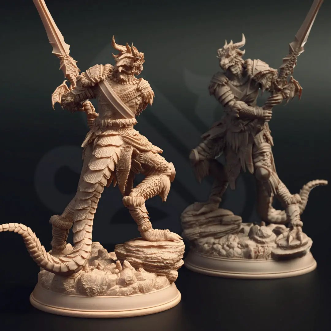 3D printed Female Dragonborn Barbarian model by Last Hope Miniatures, detailed fantasy figure with armor and weapon.