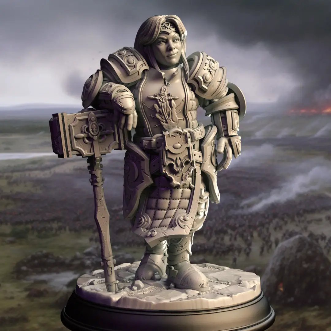 3D printed female dwarf paladin model by Last Hope Miniatures, detailed fantasy figure with armor and weapon in a dynamic pose