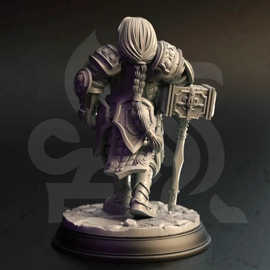 3D printed Female Dwarf Paladin model by Last Hope Miniatures, detailed fantasy figure with armor and weapon, from DM Stash.