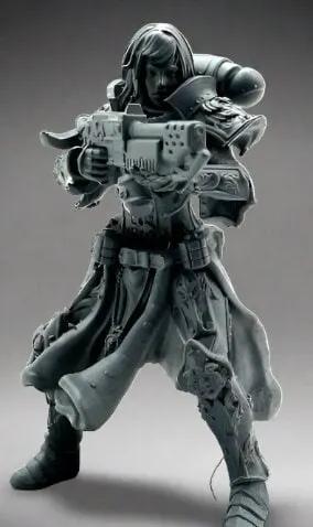 3D Printed Female Flamer Zealot miniature by Last Hope Miniatures, detailed model with fiery weapon and intricate armor design.