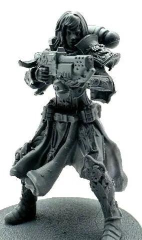 3D printed Female Flamer Zealot model by Last Hope Miniatures, showcasing detailed armor and fiery weapon in a dynamic pose.