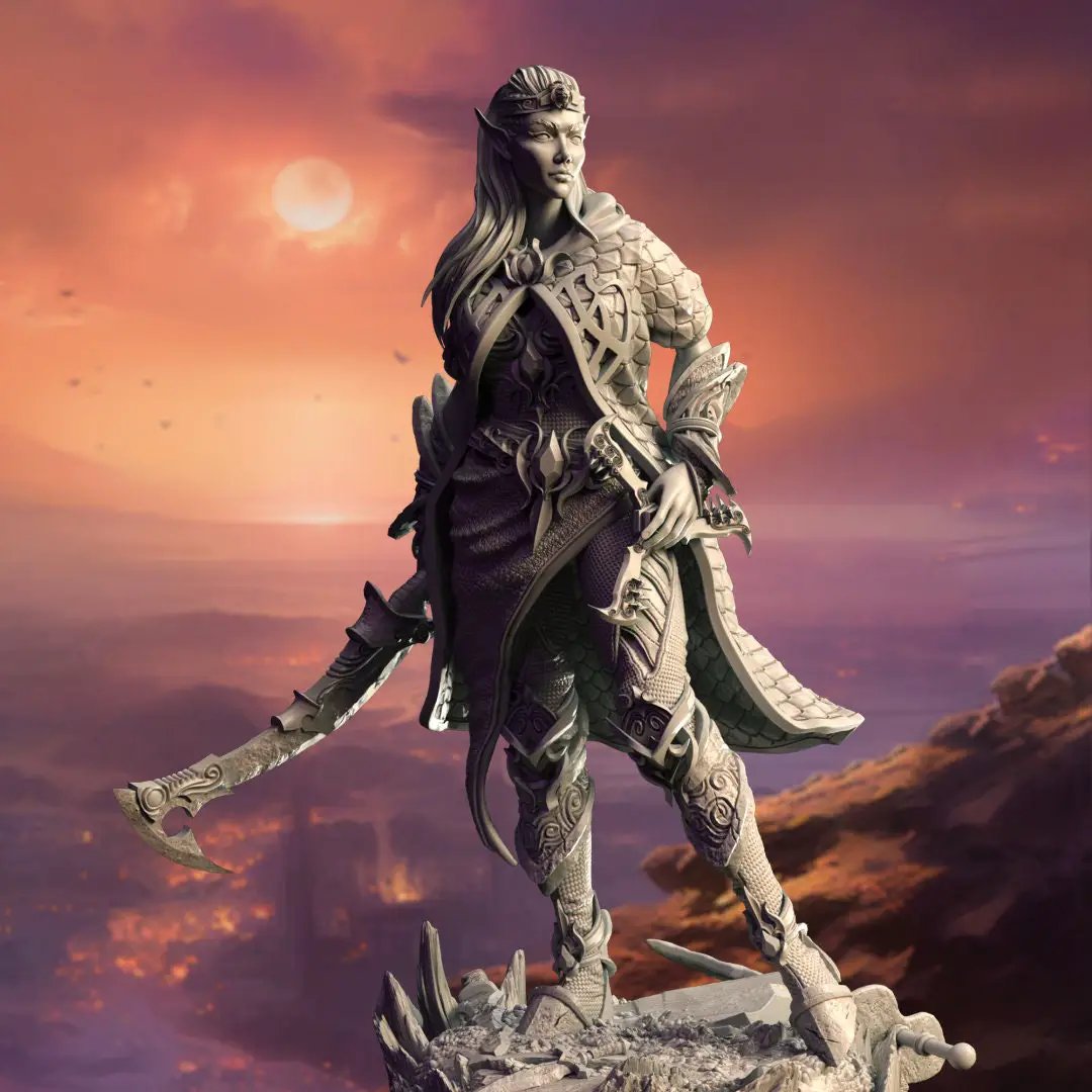 3D printed female high elf spellblade model by Last Hope Miniatures, detailed fantasy figure with armor and magical staff.