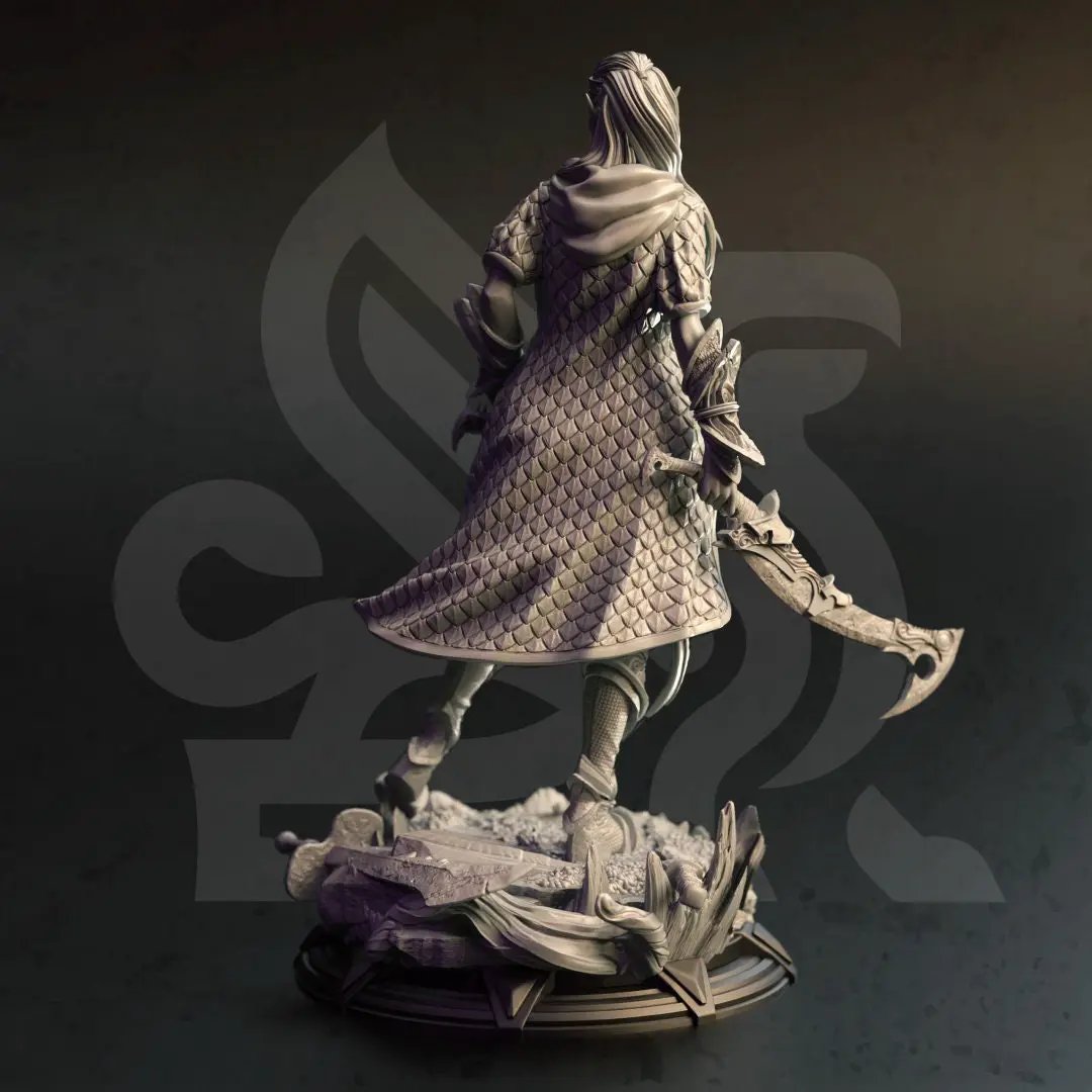 3D printed female High Elf Spellblade model by Last Hope Miniatures, detailed fantasy figure with armor and magical staff.
