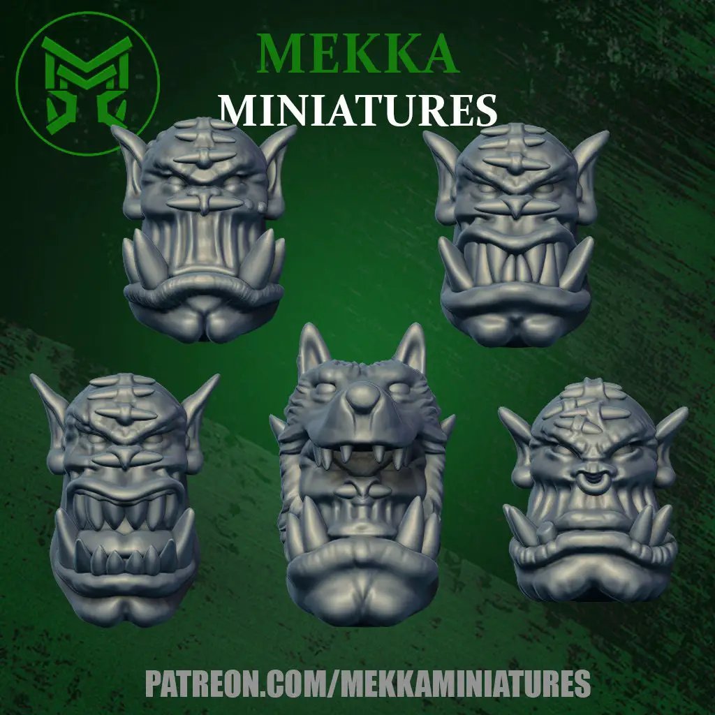 Set of 10 3D printed Feral Ork Heads models by Last Hope Miniatures for tabletop gaming and dioramas.