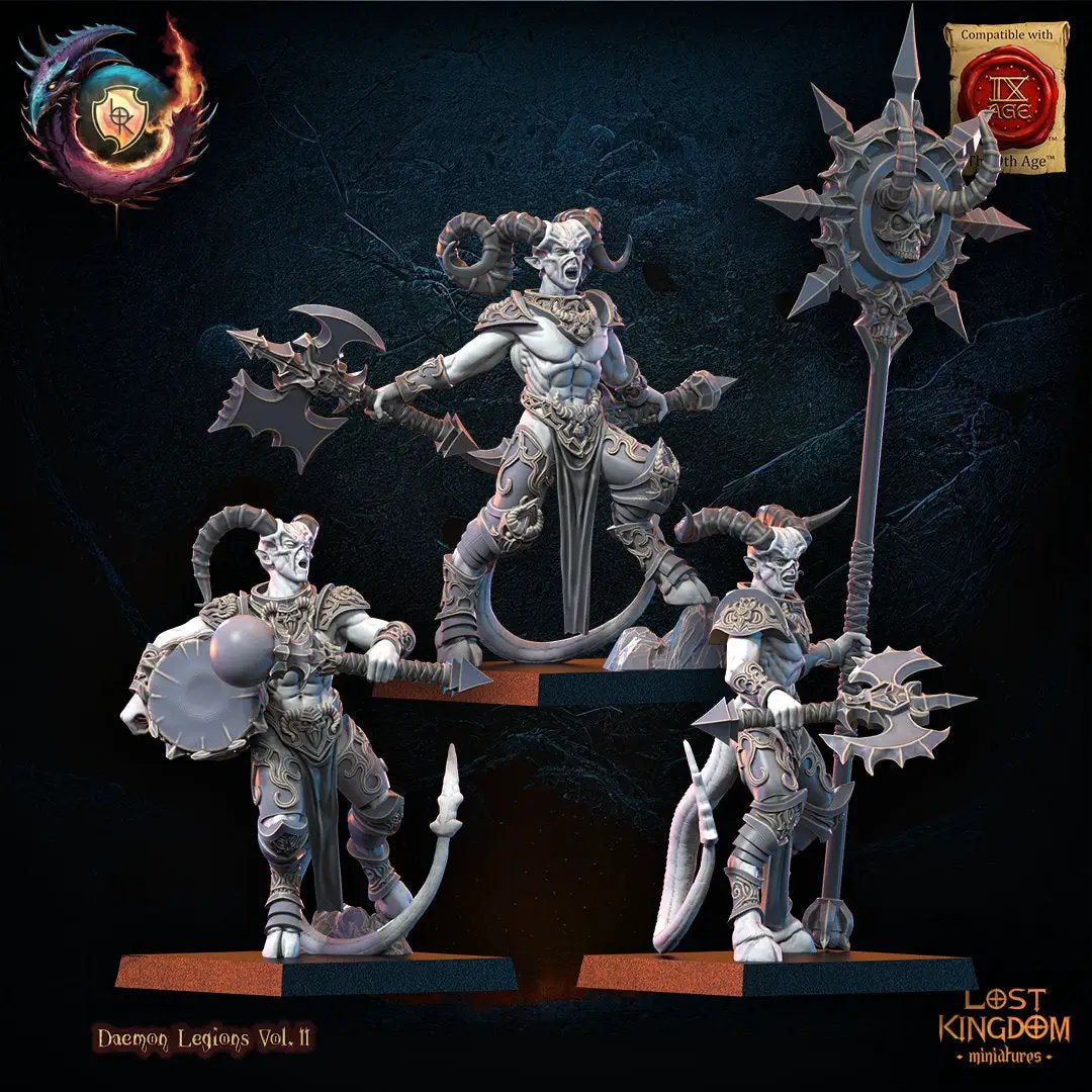3D printed Fiendish Command Group model by Lost Kingdom Miniatures, featuring detailed demon figures and commanding poses.