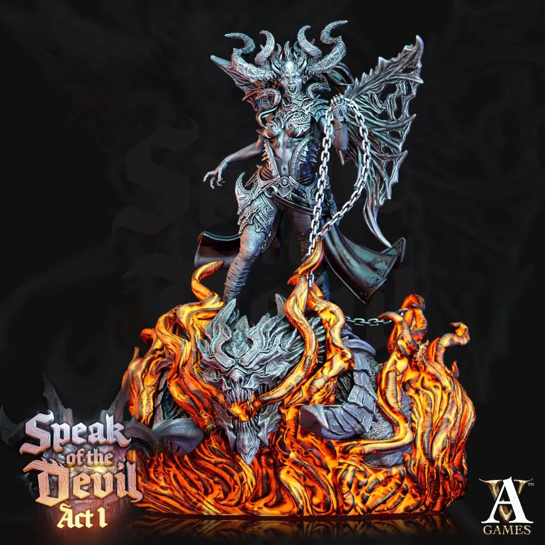 3D printed Fierna model by Archvillain Games, displayed on a stand, with detailed sculpting and intricate features.