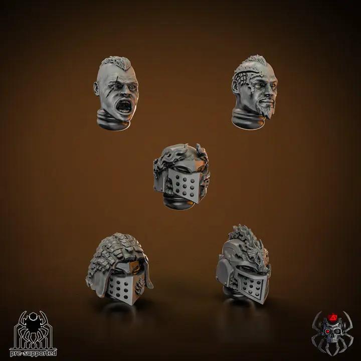 Set of ten 3D printed Flame Lizards Blade Master helmets by Last Hope Miniatures, featuring detailed dragon-inspired armor models.