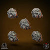 Set of ten 3D printed Flame Lizards helmets models by Last Hope Miniatures, featuring detailed dragon-inspired designs.