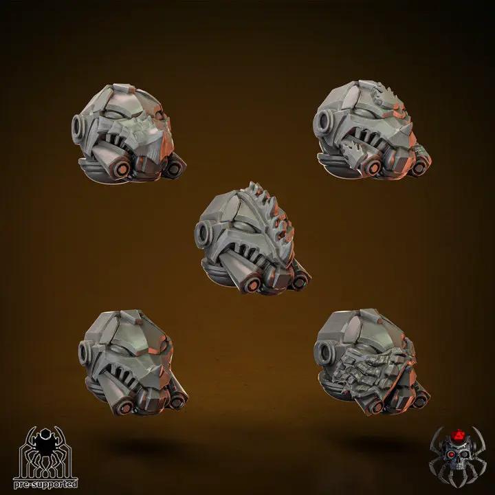 Set of ten 3D printed Flame Lizards helmets models by Last Hope Miniatures, featuring detailed dragon-inspired designs.