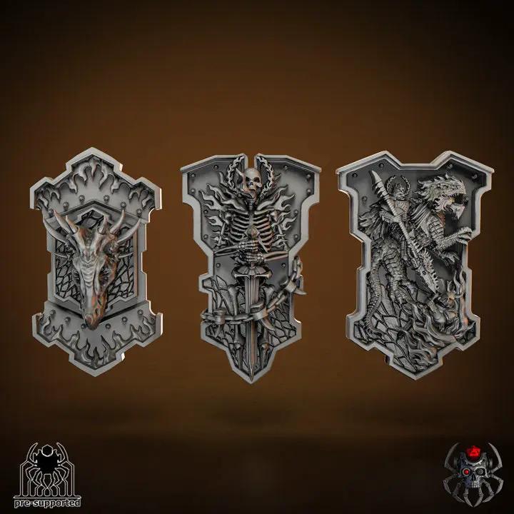 3D printed Flame Lizards Shields model by Last Hope Miniatures, featuring detailed lizard designs on miniature shields.