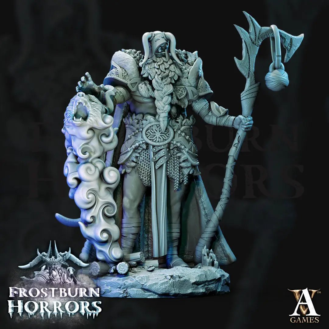 3D printed Frost Giant Shaman model by Last Hope Miniatures for Archvillain Games, detailed fantasy figure with icy themes.