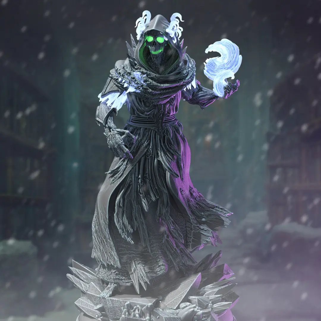 3D printed Frozen Lich model by Last Hope Miniatures, showcasing intricate details and icy undead features from DM Stash.