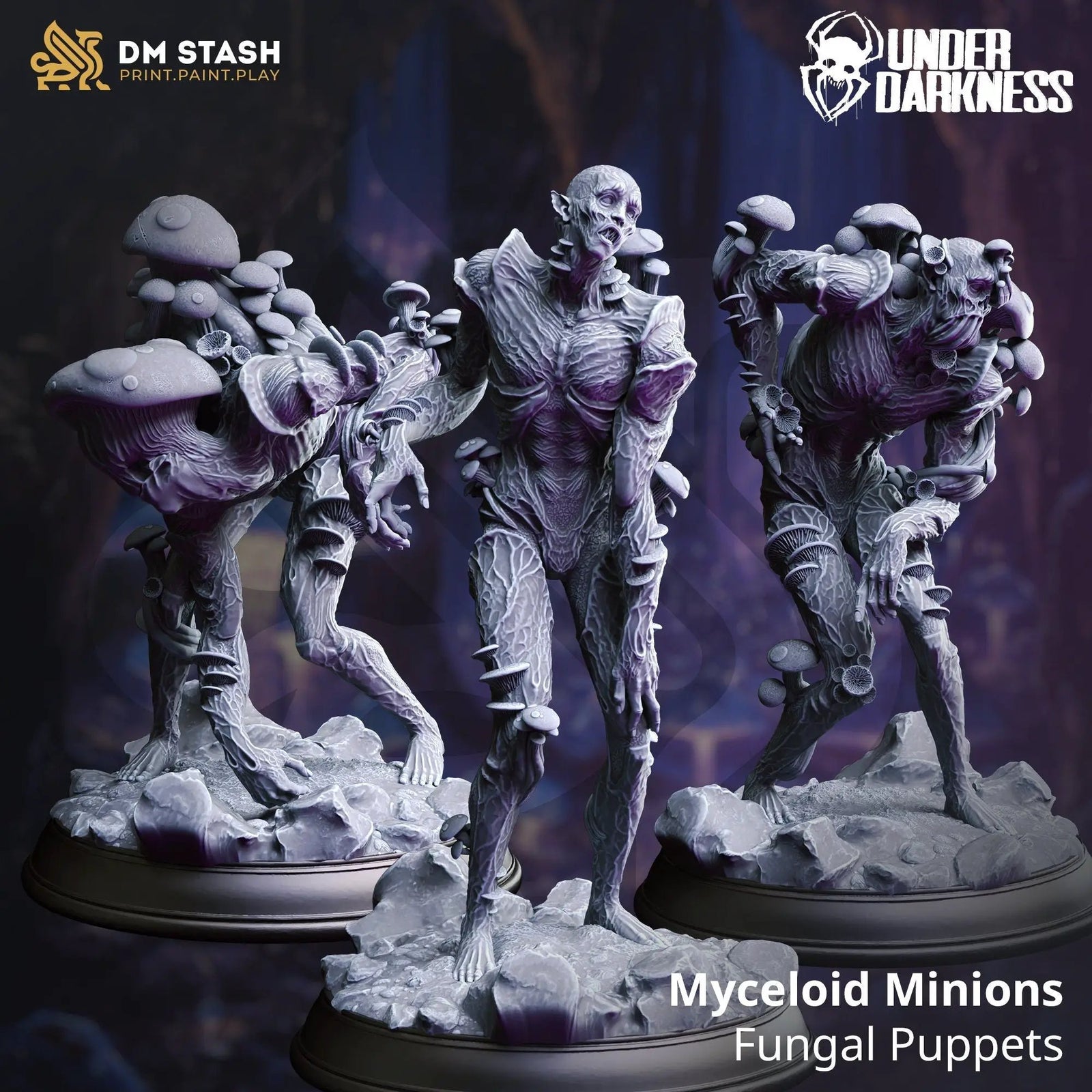 Three 3D printed fungal zombie models by Last Hope Miniatures, featuring detailed decayed and fungal textures.