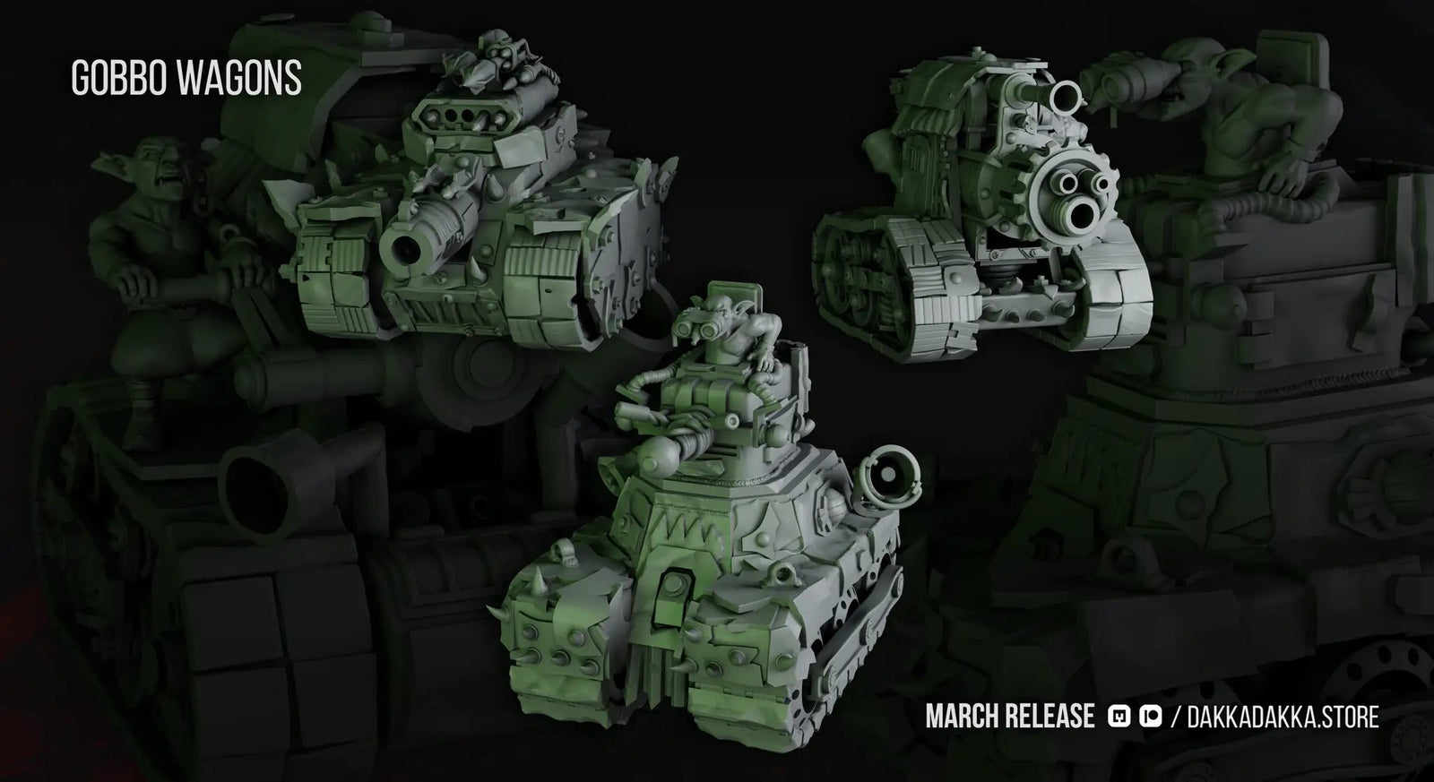 Three 3D printed Gobbo Wagons miniatures by Last Hope Miniatures, designed for tabletop gaming, shown from various angles.