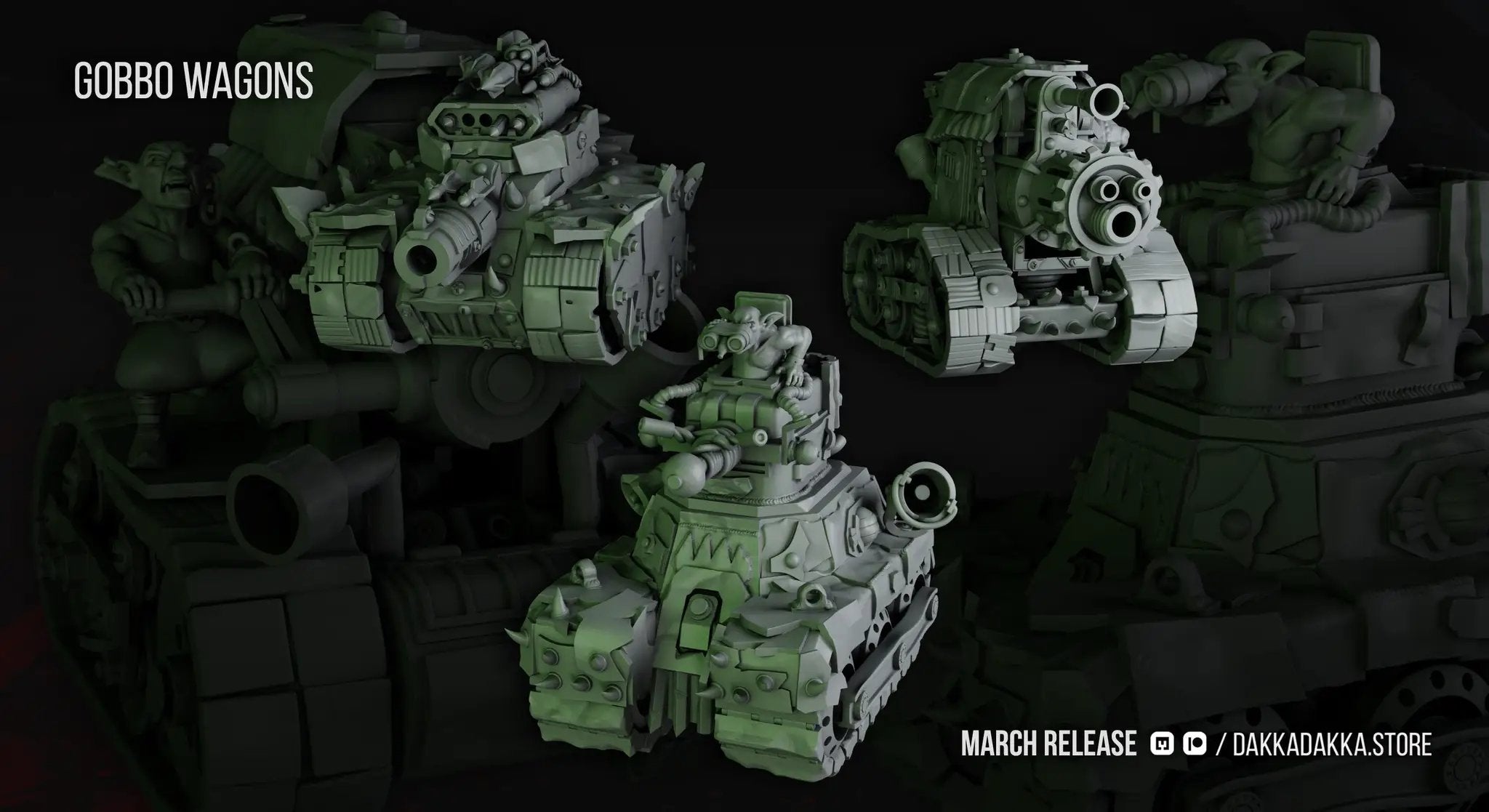 Three 3D printed Gobbo Wagons miniatures by Last Hope Miniatures, designed for tabletop gaming, shown from various angles.